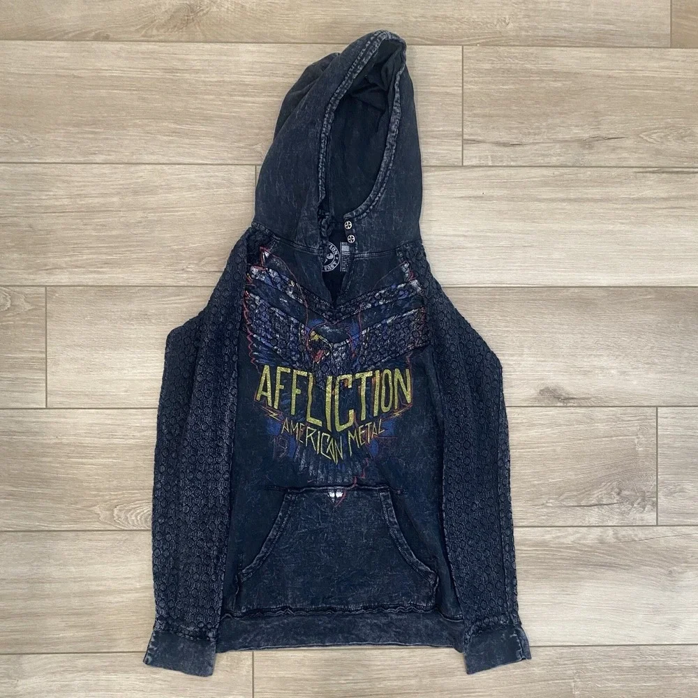 Affliction American Metal Stone Wash Pullover Hoodie Womens Medium Lace Arms Y2K - Picture 1 of 5